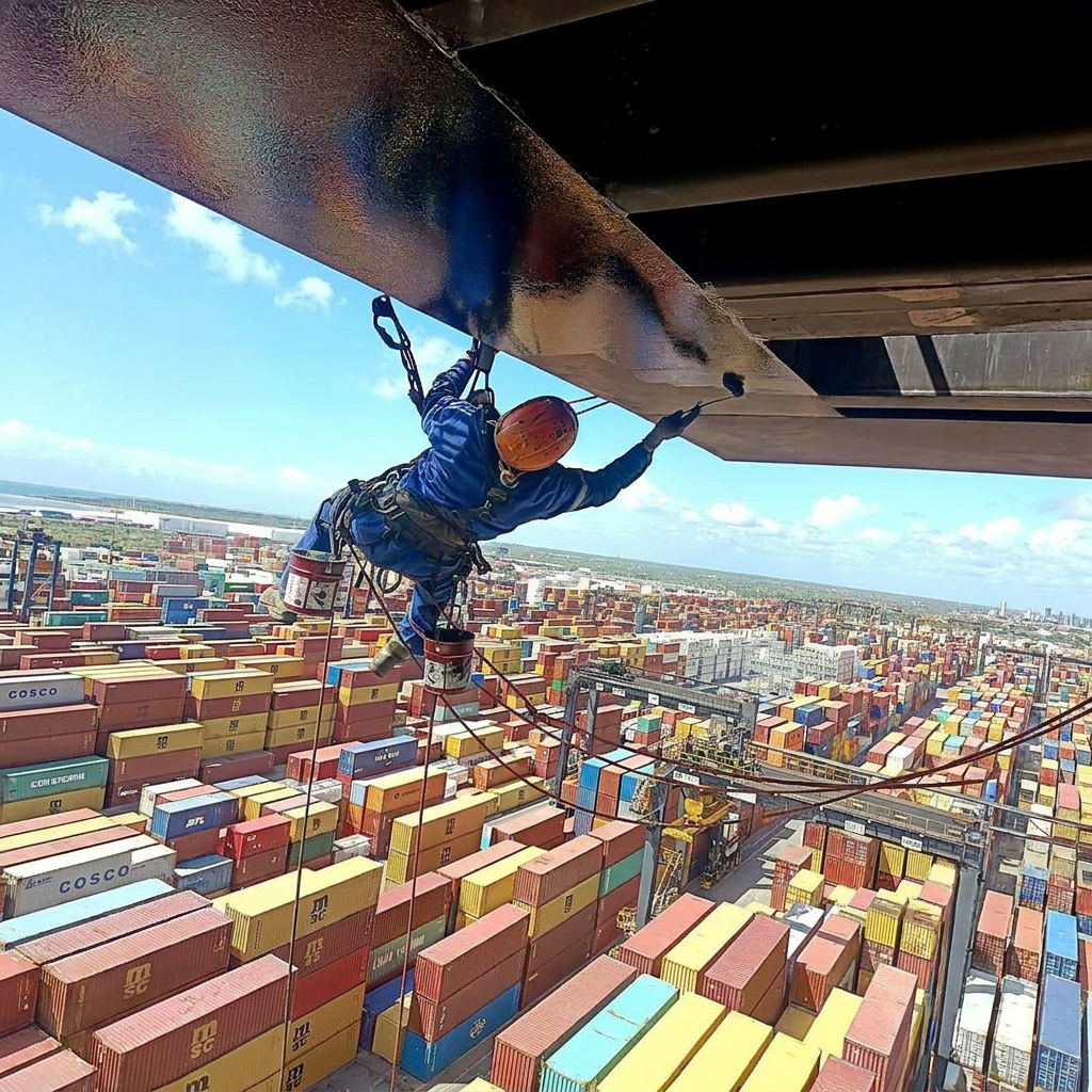 Rope access technician working above a container port